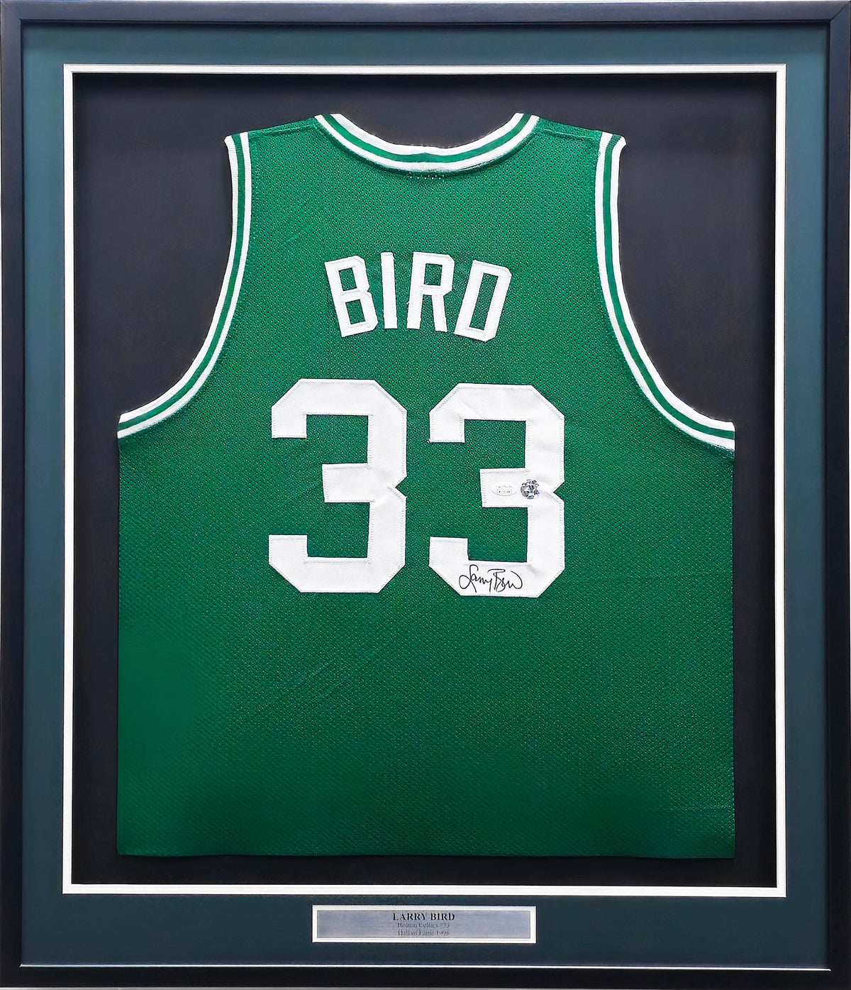 Boston Celtics Larry Bird Autographed Framed Green Jersey JSA