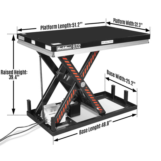 2200lb Capacity Stationary Electric Hydraulic Lift Table , 51.2" x 32.3" Platform, 39.4" Lift Height , UL Certified Motor, ELT22