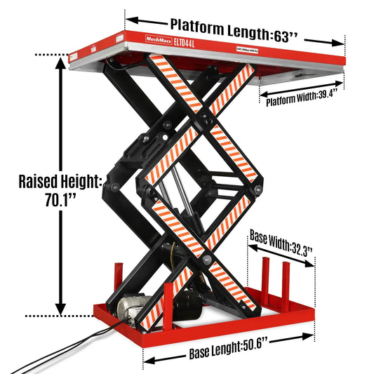 4400 lb Capacity Stationary Electric Hydraulic Double Scissor Lift Table - 63" x 39.4" Platform, 70.1" Lift Height, UL Certified Motor, ELTD44L