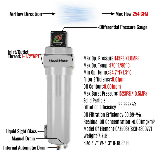 254 CFM Compressed Air Oil-Water Separator Precision Filter,0.01μm,Oil Content 0.001ppm, With Auto Drain, Pressure Gauge