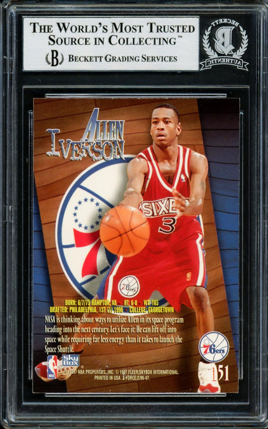 Allen Iverson Autographed 1996-97 Skybox Z Force Rookie Card #151 Philadelphia 76ers Beckett BAS Stock #203721