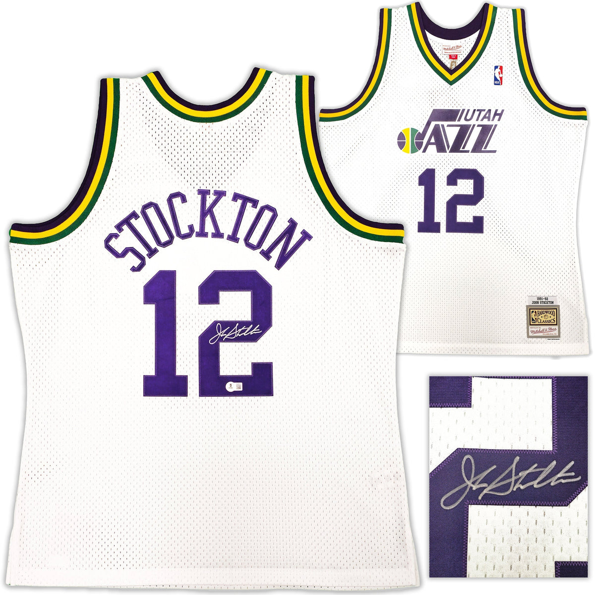 Utah Jazz John Stockton Autographed White Authentic Mitchell & Ness 1991-92 Hardwood Classic Swingman Jersey Size XL Beckett BAS Witness