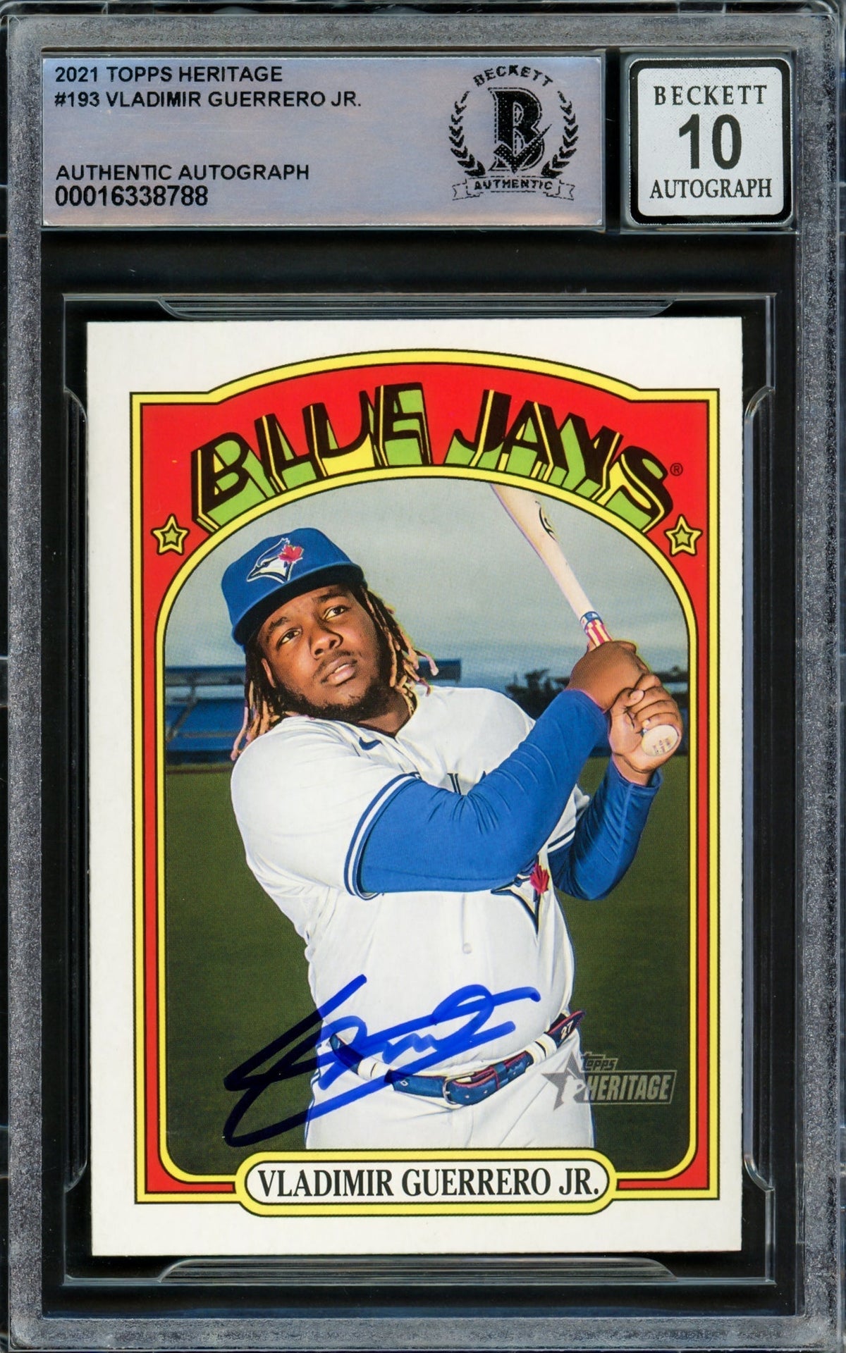 Vladimir Guerrero Jr. Autographed 2021 Topps Heritage Card #193 Toronto Blue Jays Auto Grade Gem Mint 10 Beckett BAS