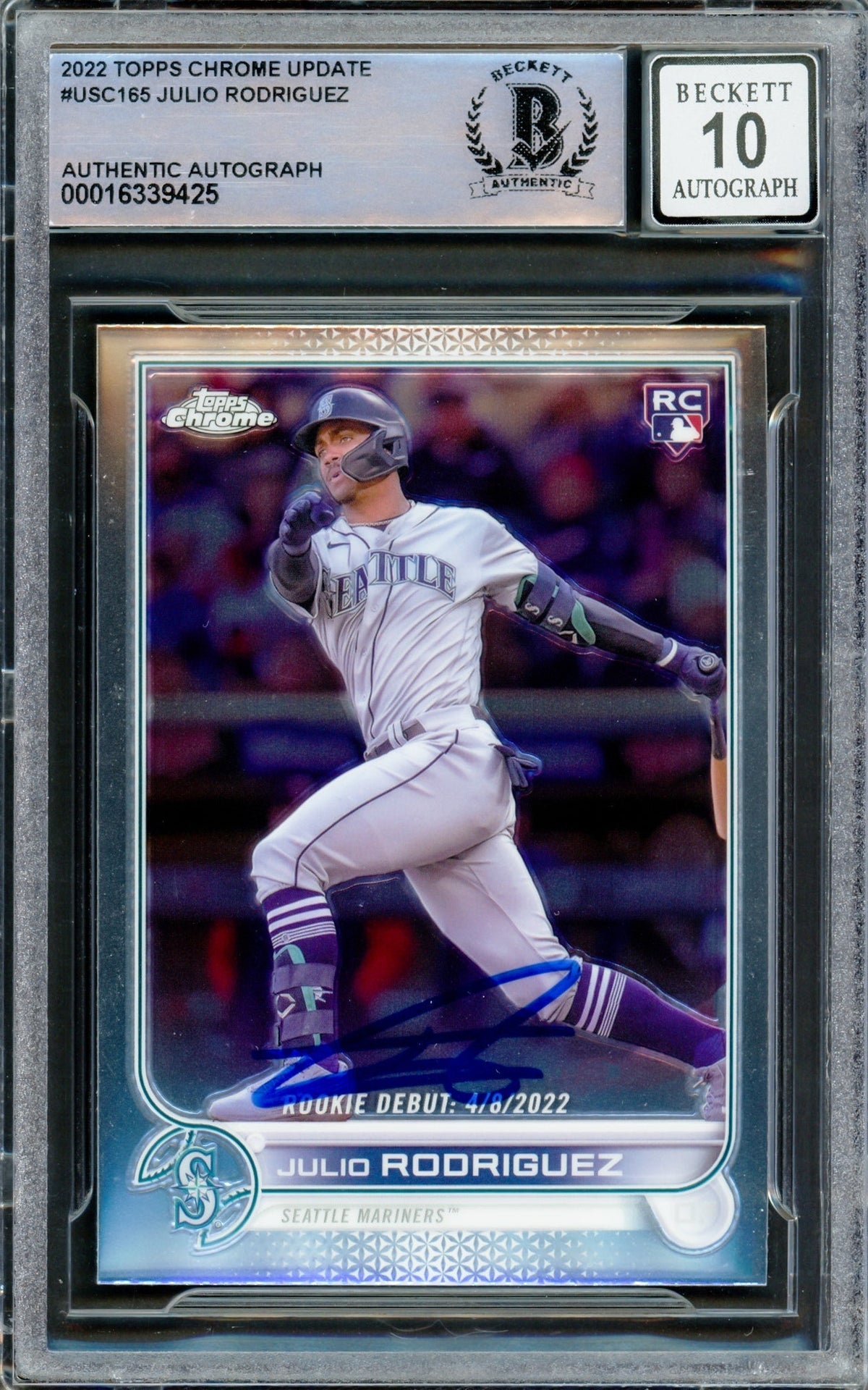Julio Rodriguez Autographed 2022 Topps Chrome Update Rookie Card #USC165 Seattle Mariners Auto Grade Gem Mint 10 Beckett BAS