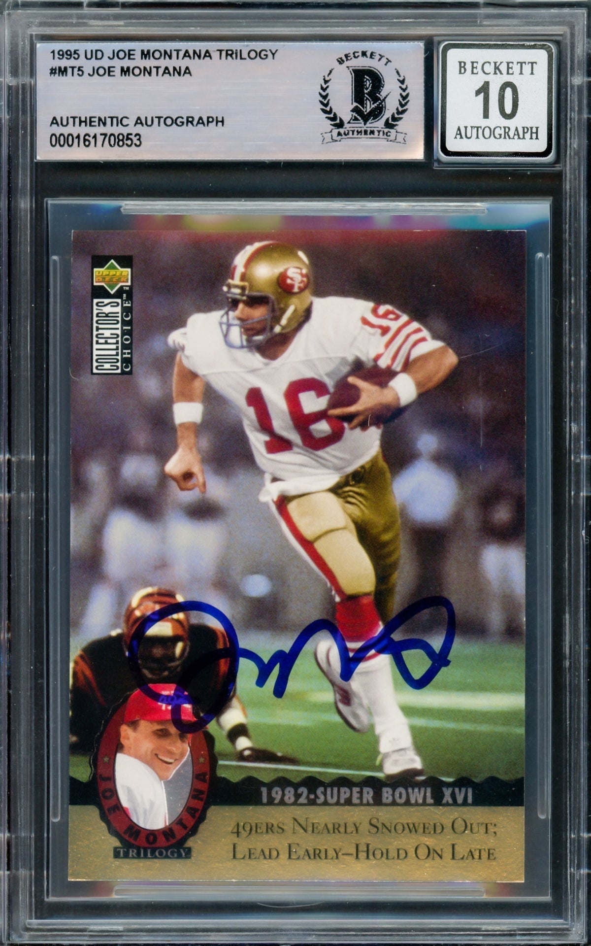 Joe Montana Autographed 1995 Upper Deck Collectors Choice Card #MT5 San Francisco 49ers Auto Grade Gem Mint 10 Beckett BAS #16170853