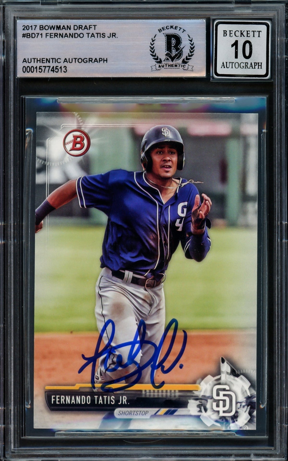 Fernando Tatis Jr. Autographed 2017 Bowman Draft Card #BD71 San Diego Padres Auto Grade Gem Mint 10 Beckett BAS Stock #216663