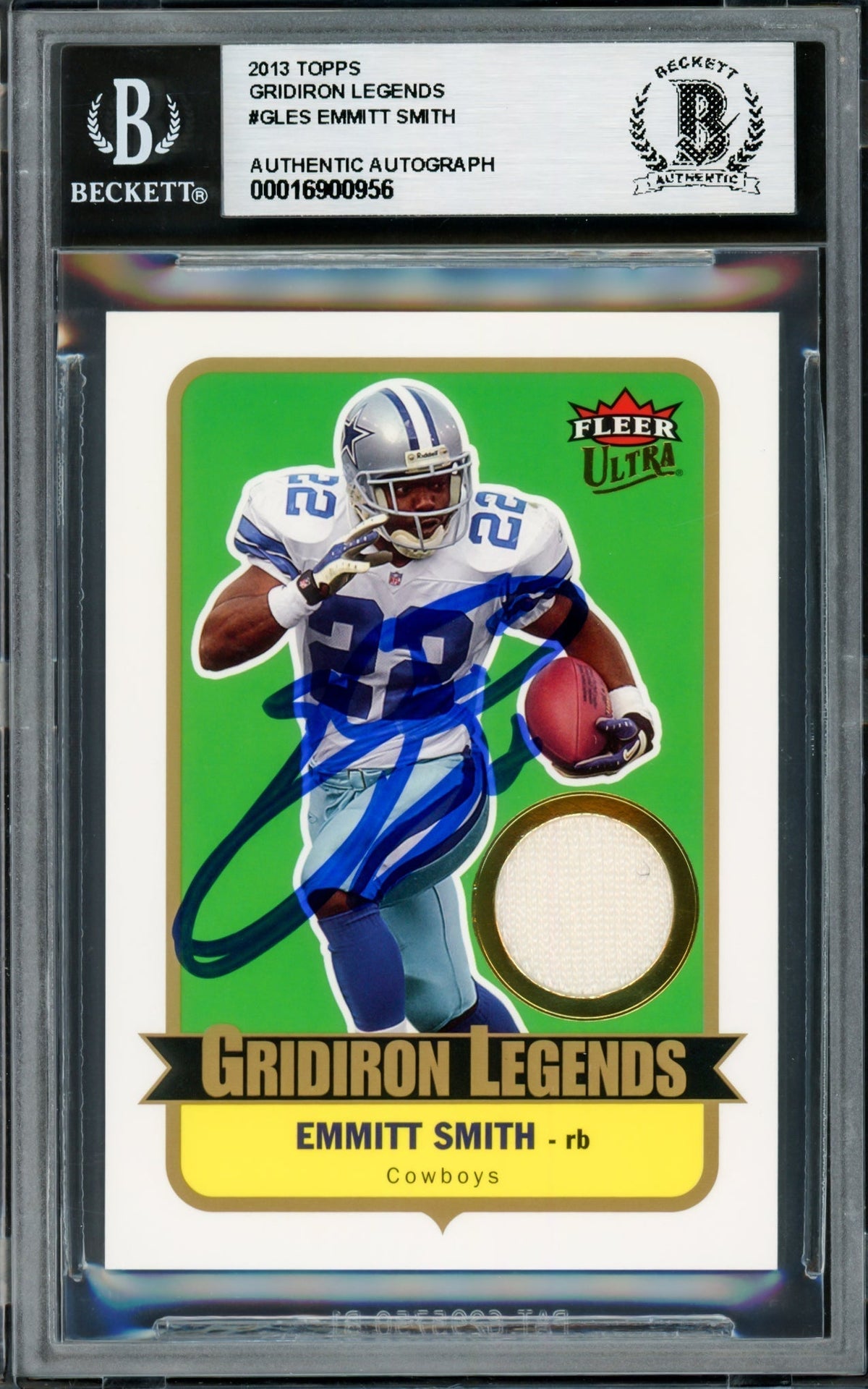 Emmitt Smith Autographed 2013 Topps Gridiron Legends Game Used Jersey Card #GLES Dallas Cowboys With Game Used Jersey Patch Beckett BAS #16900956