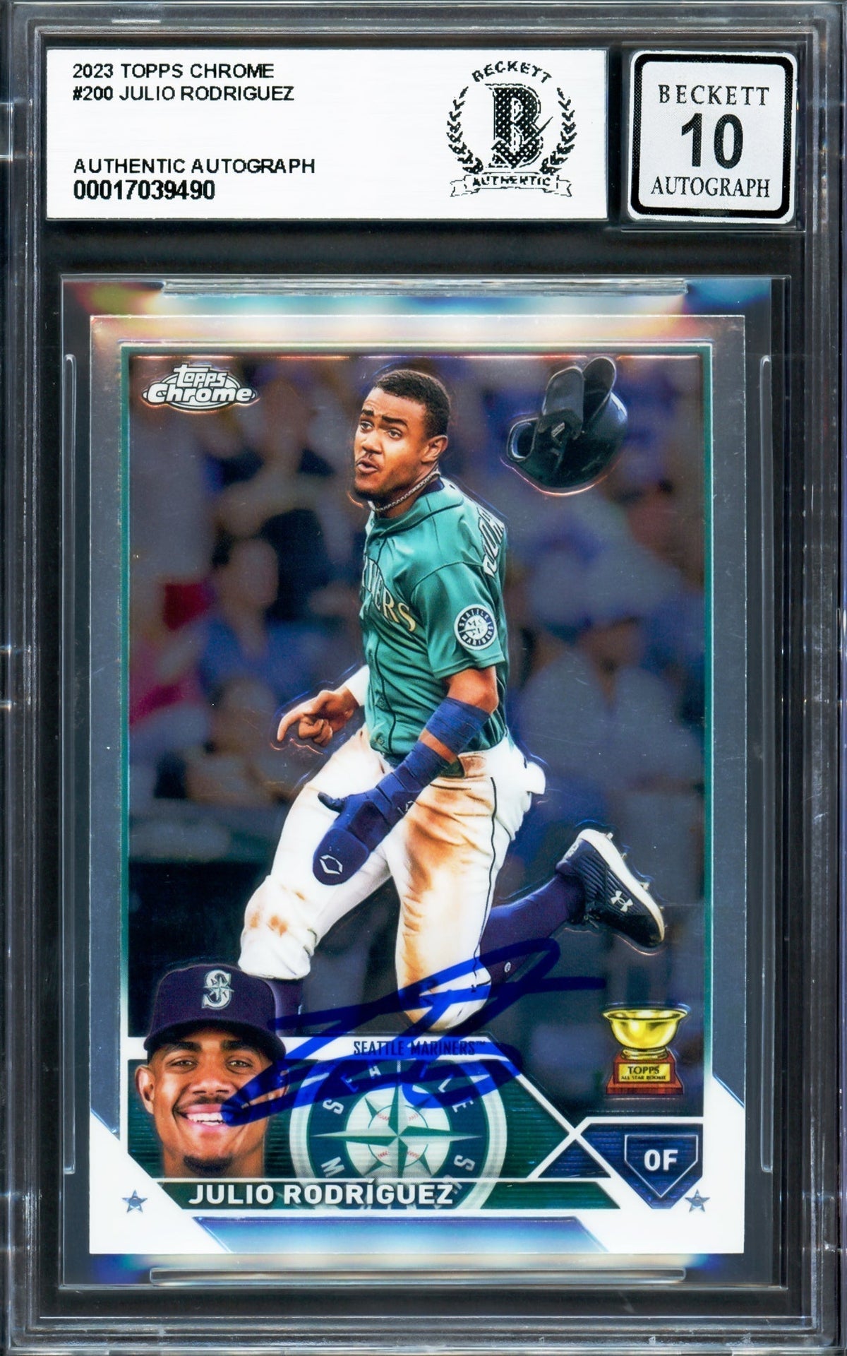 Julio Rodriguez Autographed 2023 Topps Chrome Card #200 Seattle Mariners Auto Grade Gem Mint 10 Beckett BAS