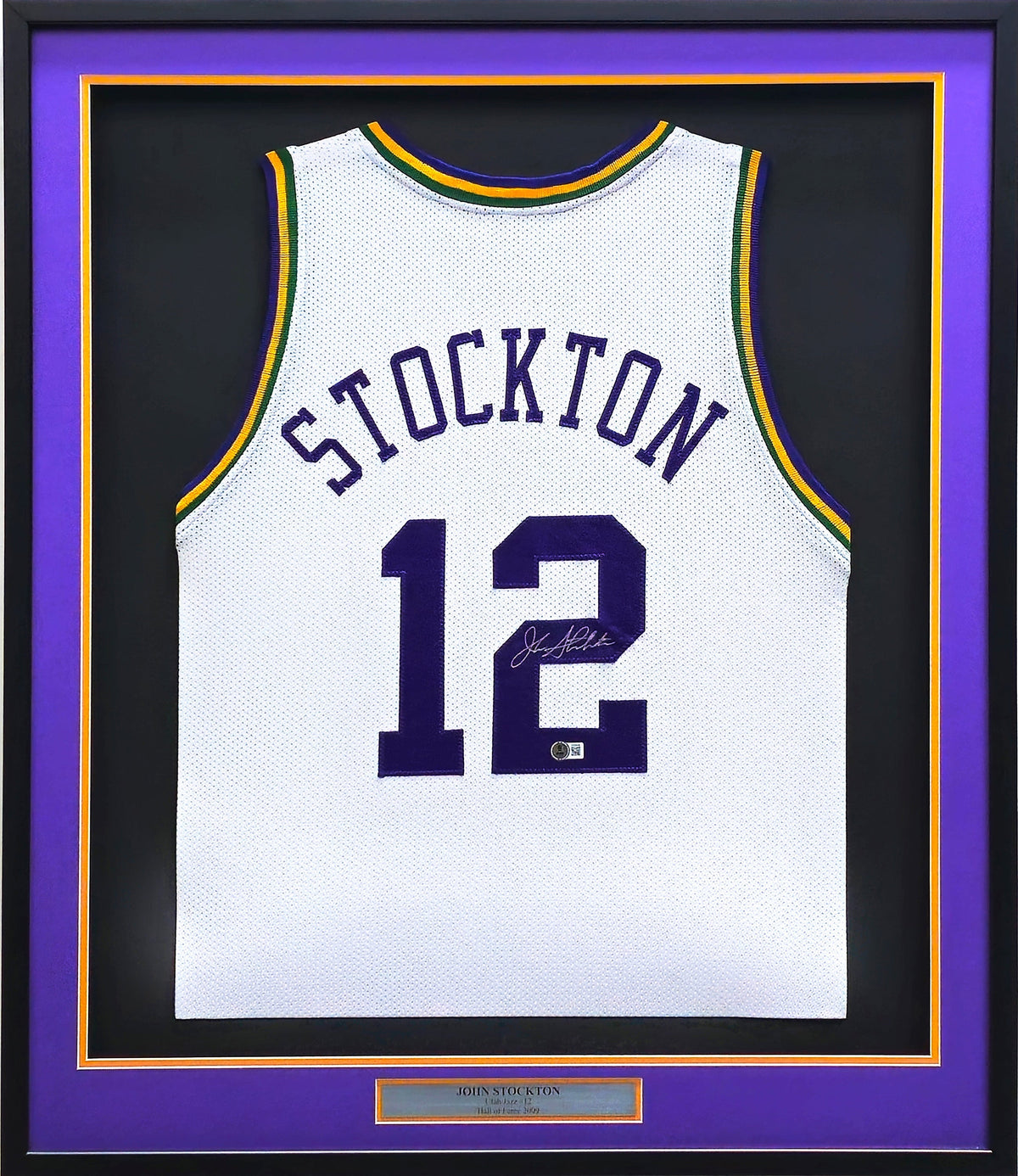 Utah Jazz John Stockton Autographed Framed White Jersey Beckett BAS Witness