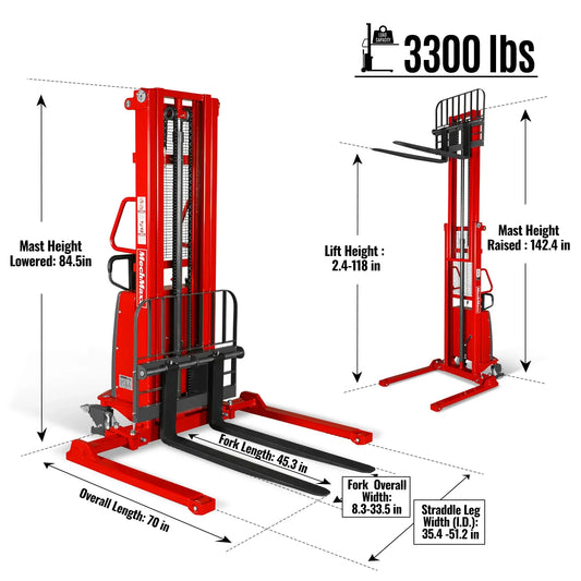 3300lbs Semi-Electric Straddle Stacker, 118" Lift, Adjustable Legs & Forks, S33-118S