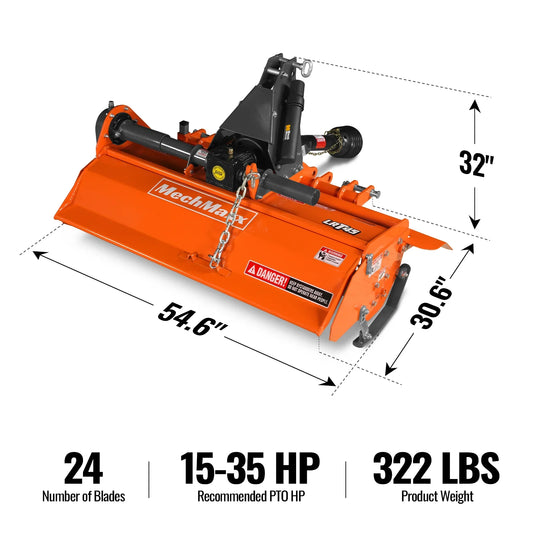 45 in Rotary Tiller, 3 Point Hitch Cat.1, Chain Drive, PTO Shaft Included with Shear Bolt, 15-35 HP, LRT45
