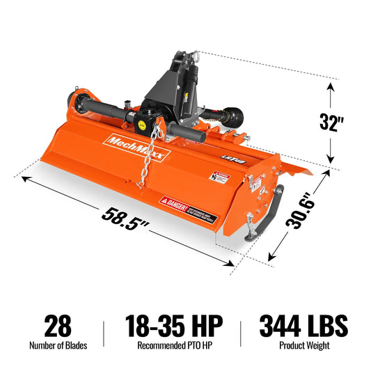 48 in Rotary Tiller, 3 Point Hitch Cat.1, Chain Drive, PTO Shaft Included with Shear Bolt, 18-35 HP, LRT48