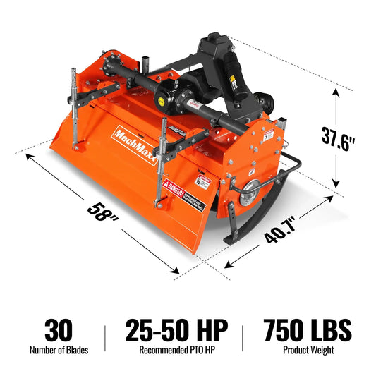 48 in Rotary Tiller, 3 Point Hitch Cat.1 & 2, Gear Drive, PTO Shaft Included with Slip Clutch, 25-50 HP, MRT48