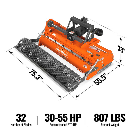 65 in Stone Burier Reverse Rotary Tiller, 3 Point Hitch Cat.1, Chain Drive, PTO Shaft Included with Slip Clutch, 30-55 HP, RSB65