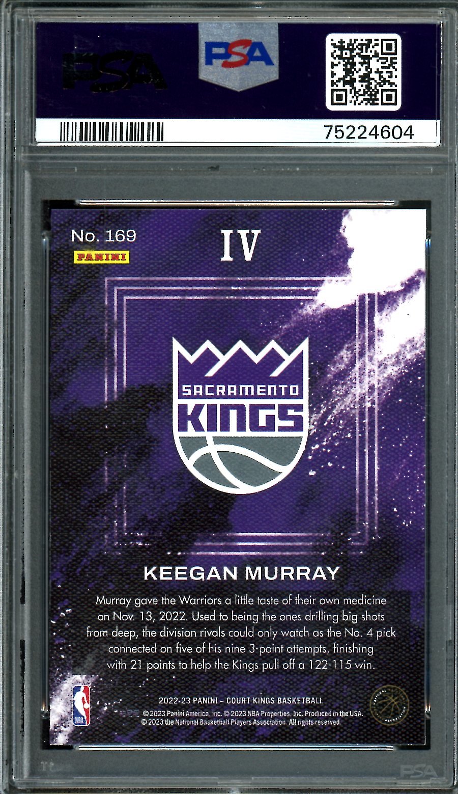 2022/23 Panini Court Kings Keegan Murray Rookie Level 4 #169 PSA 10 Kings