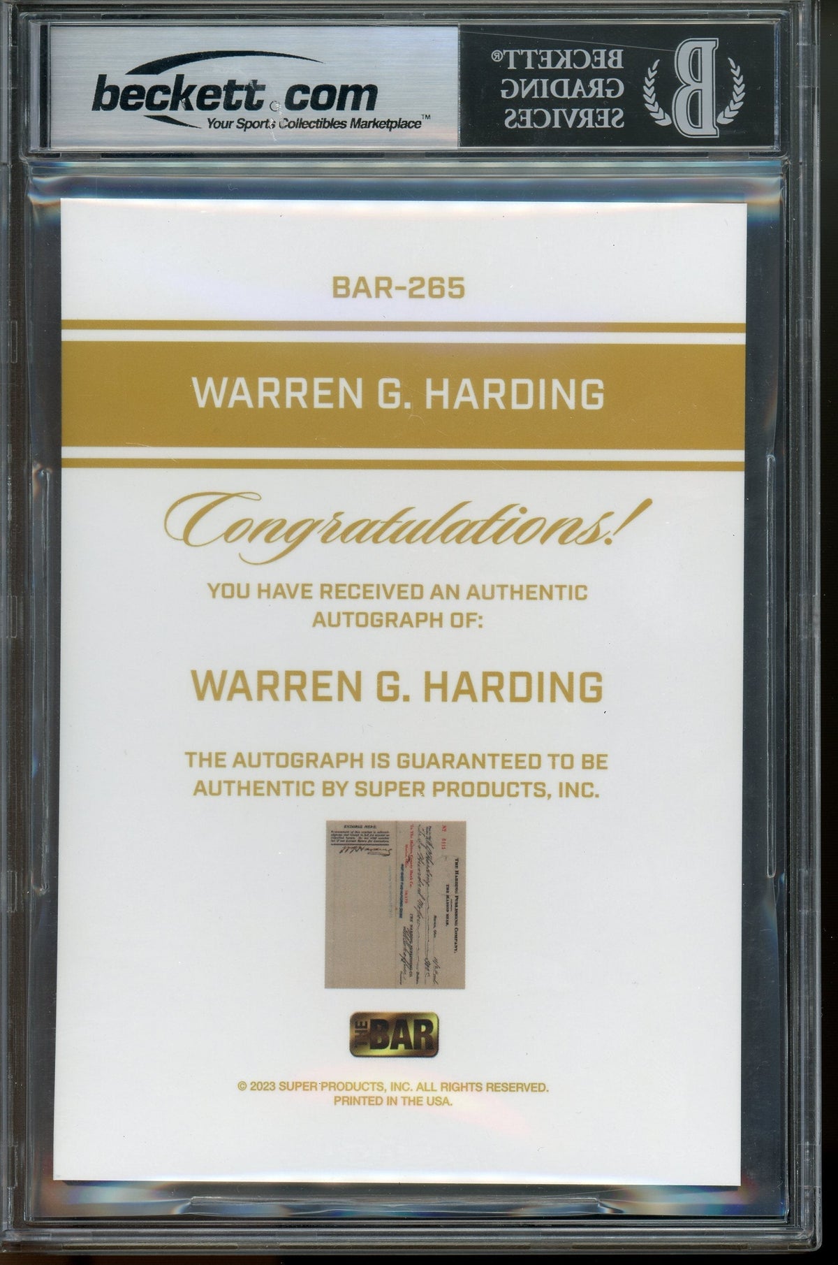 2023 The Bar Cut Autograph Edition Warren G. Harding 5x7 Cut Auto 1/1 BGS 9