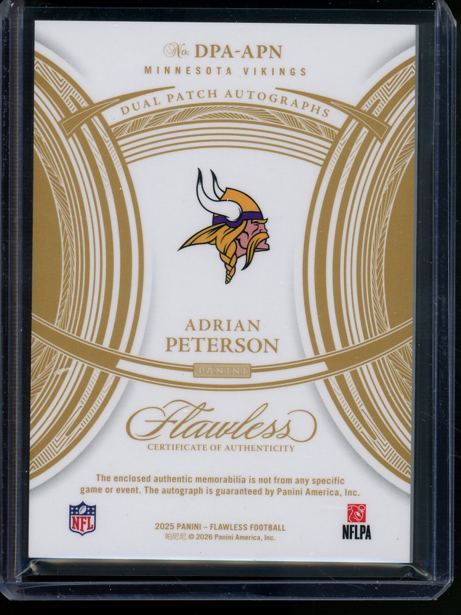 2025 Panini Flawless Adrian Peterson Dual Patch Autographs /20 Vikings