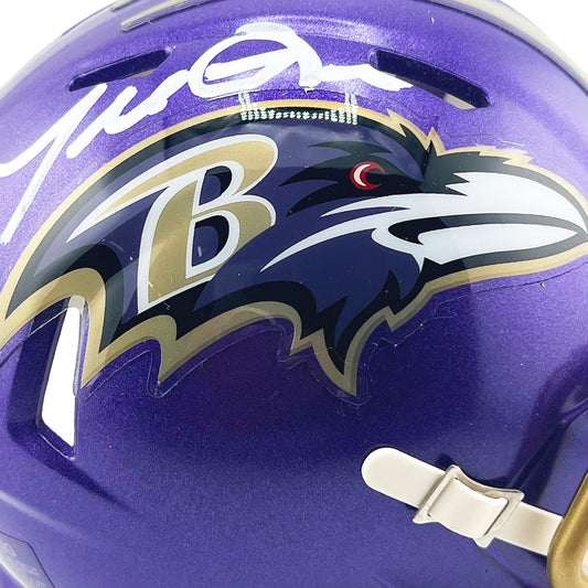 Terrell Suggs Signed White Ink Inscription Baltimore Ravens Flash Mini Football Helmet (JSA)