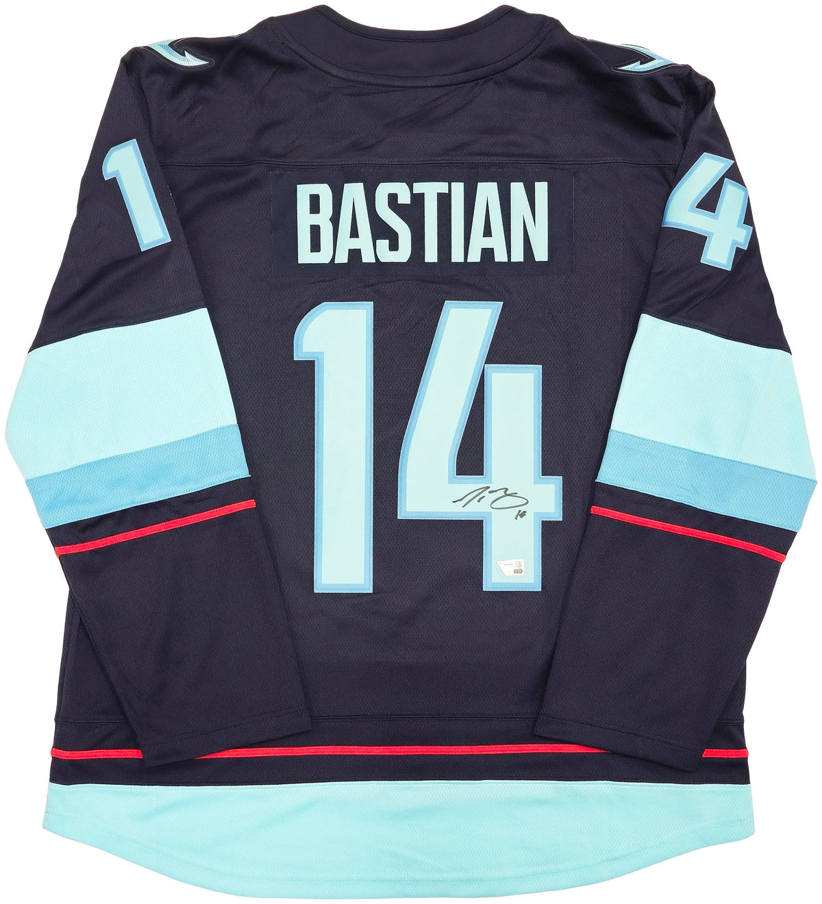 Seattle Kraken Nathan Bastian Autographed Blue Fanatics Breakaway Jersey Size XL With Inaugural Season Patch Fanatics Holo