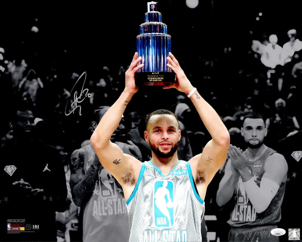 Stephen Curry Autographed 16x20 Photo Golden State Warriors All Star Game MVP Trophy JSA