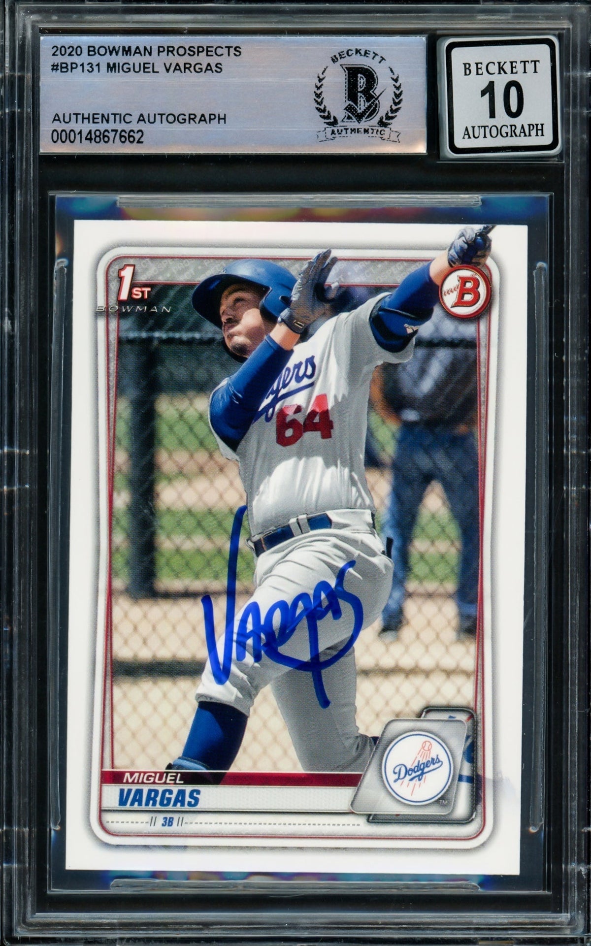 Miguel Vargas Autographed 2020 1st Bowman Rookie Card #BP-131 Los Angeles Dodgers Auto 10 Beckett BAS Stock #210520