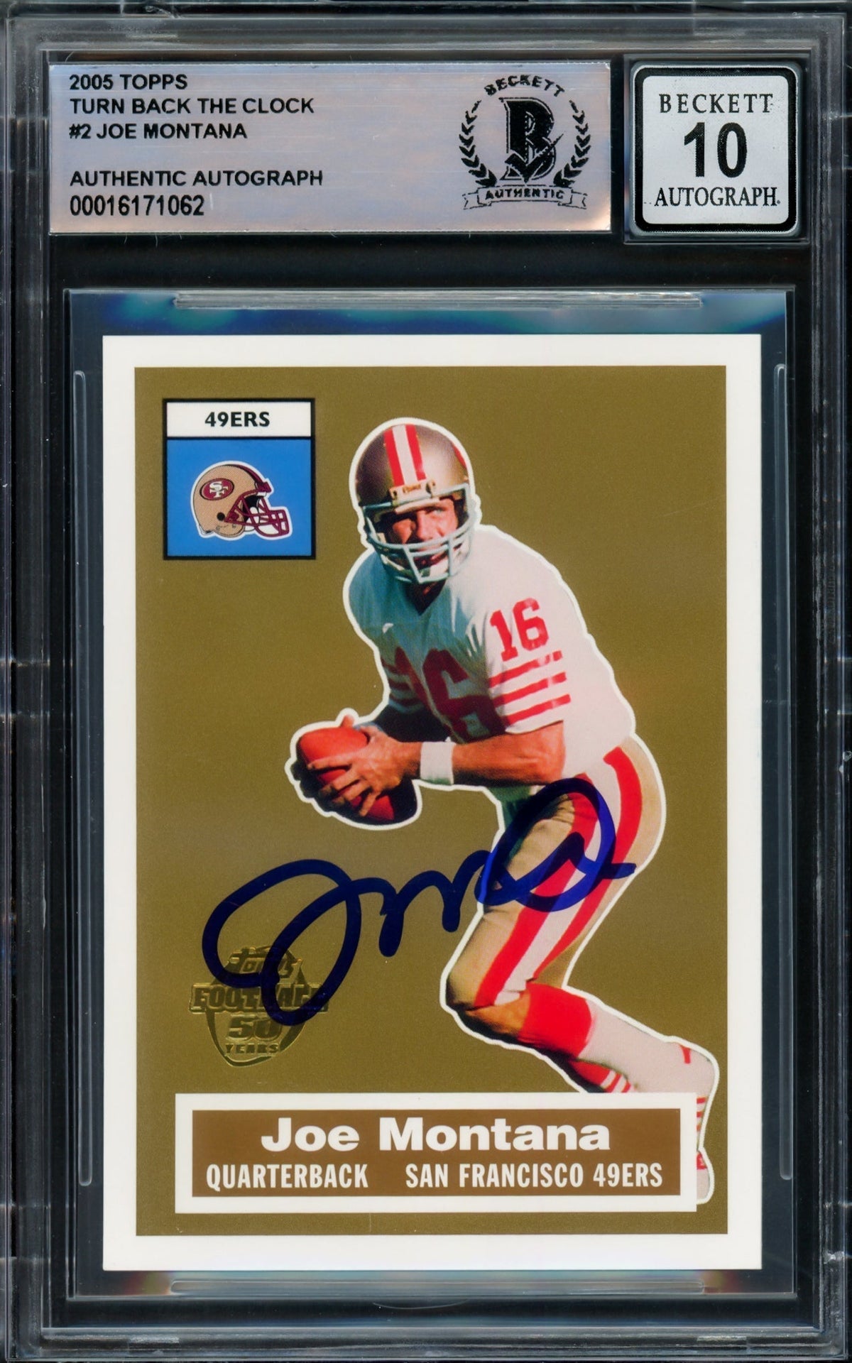 Joe Montana Autographed 2005 Topps Turn Back The Clock Card #2 San Francisco 49ers Auto Grade Gem Mint 10 Beckett BAS #16171062