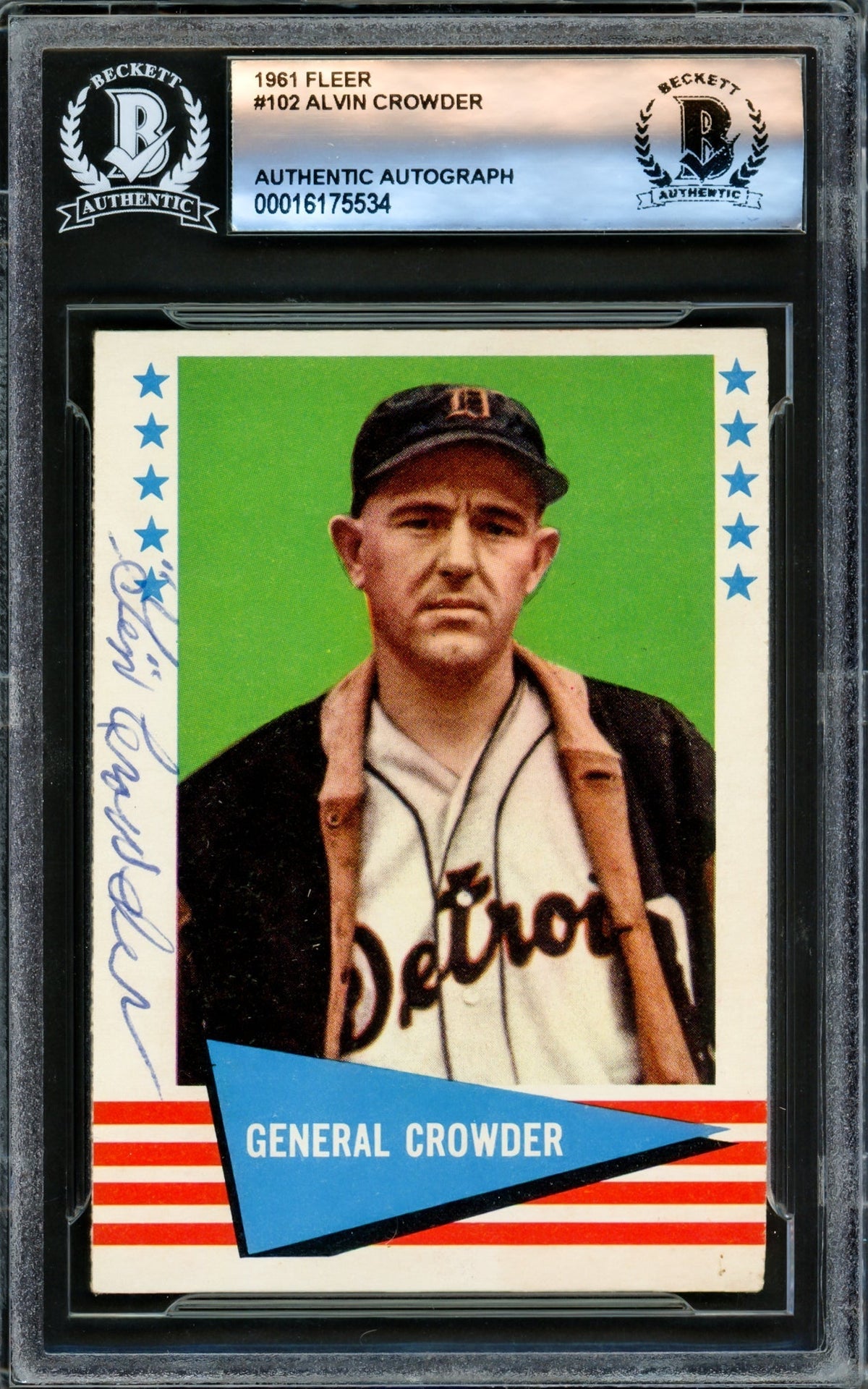 Alvin General Crowder Autographed 1961 Fleer Card #102 Detroit Tigers Beckett BAS #16175534
