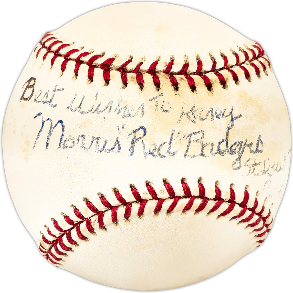 Morris Red Badgro Autographed Official AL Baseball St. Louis Browns "Best Wishes to Kasey" Beckett BAS QR #BL93632