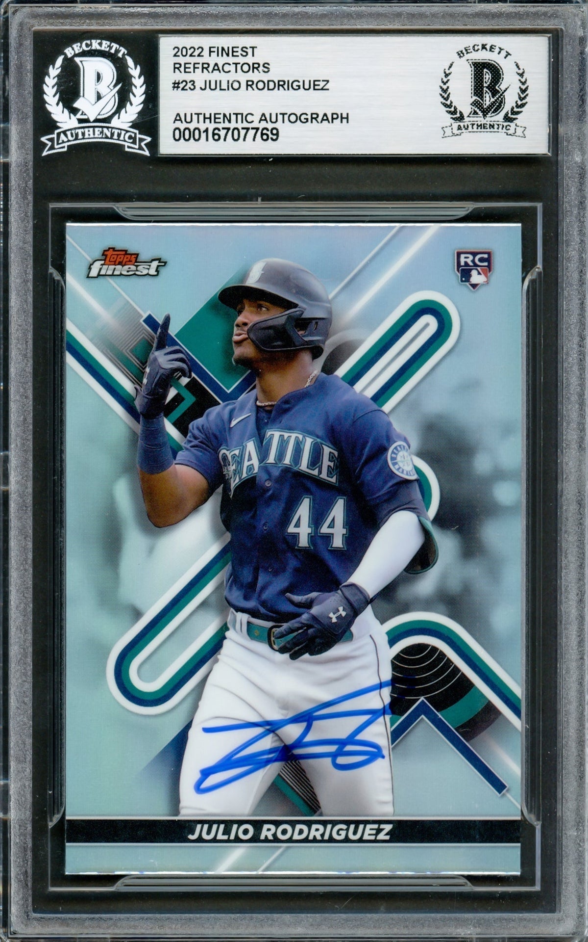 Julio Rodriguez Autographed 2022 Topps Finest Refractor Rookie Card #23 Seattle Mariners Beckett BAS #16707769