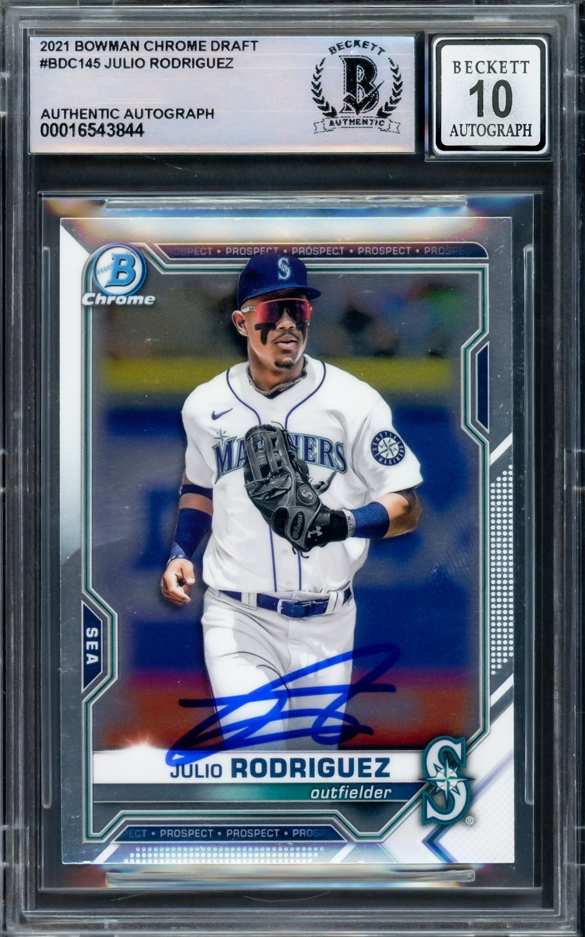 Julio Rodriguez Autographed 2021 Bowman Chrome Draft Rookie Card #BDC145 Seattle Mariners Auto Grade Gem Mint 10 Beckett BAS