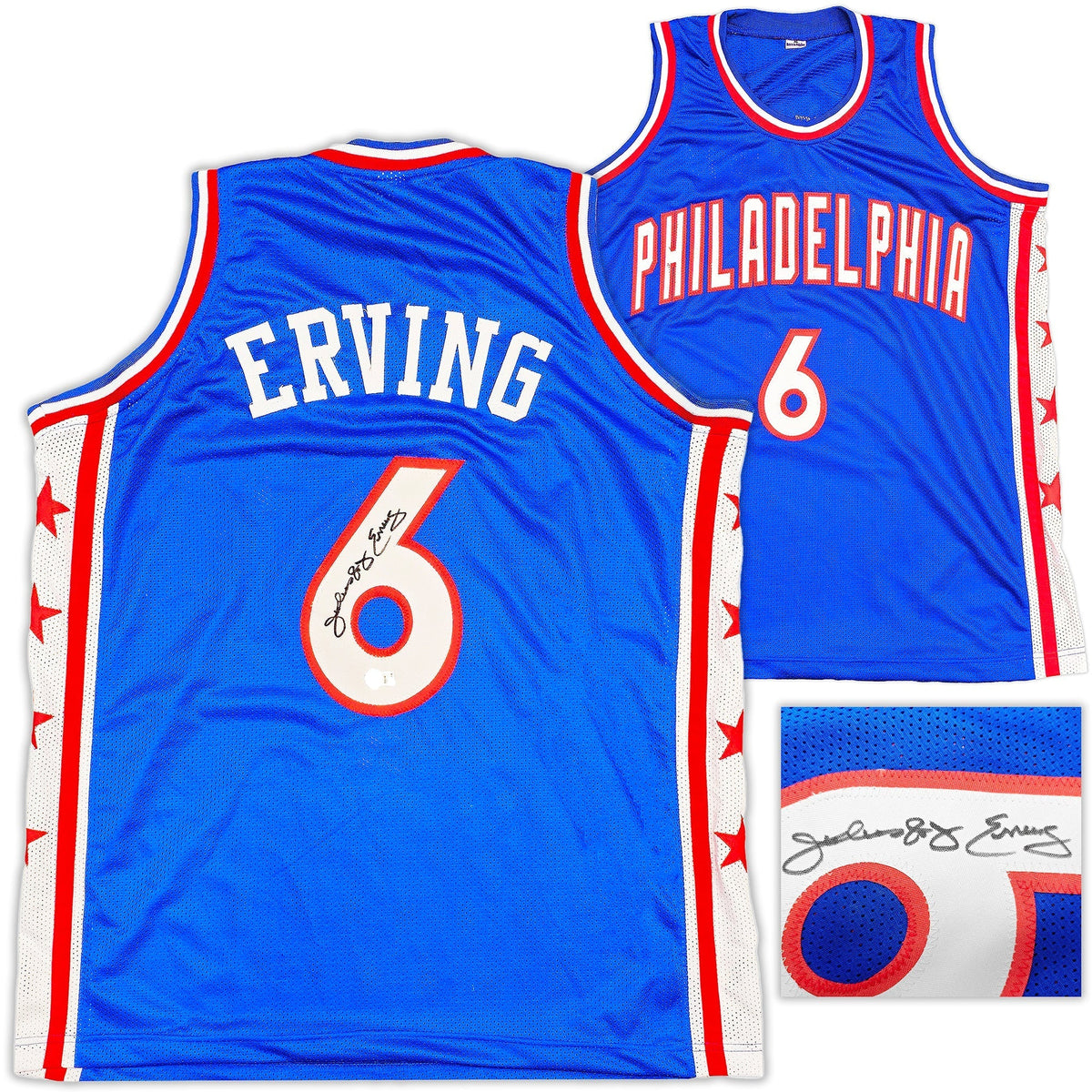 Philadelphia 76ers Julius "Dr. J" Erving Autographed Blue Jersey Beckett BAS Witness