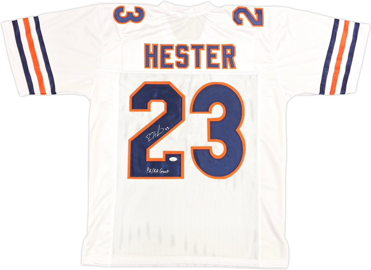 Chicago Bears Devin Hester Autographed White Jersey Light Autos "PR/KR Goat" JSA
