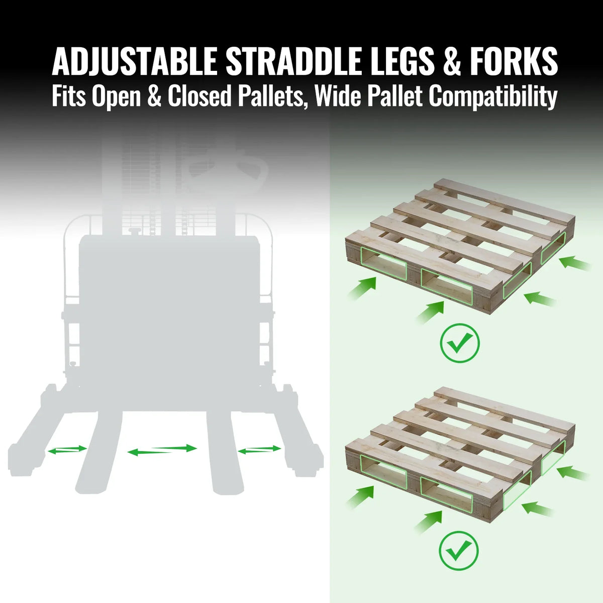 2640lbs Electric Straddle Stacker, 138" Lift,  Adjustable Legs & Forks,  F26-138SLA