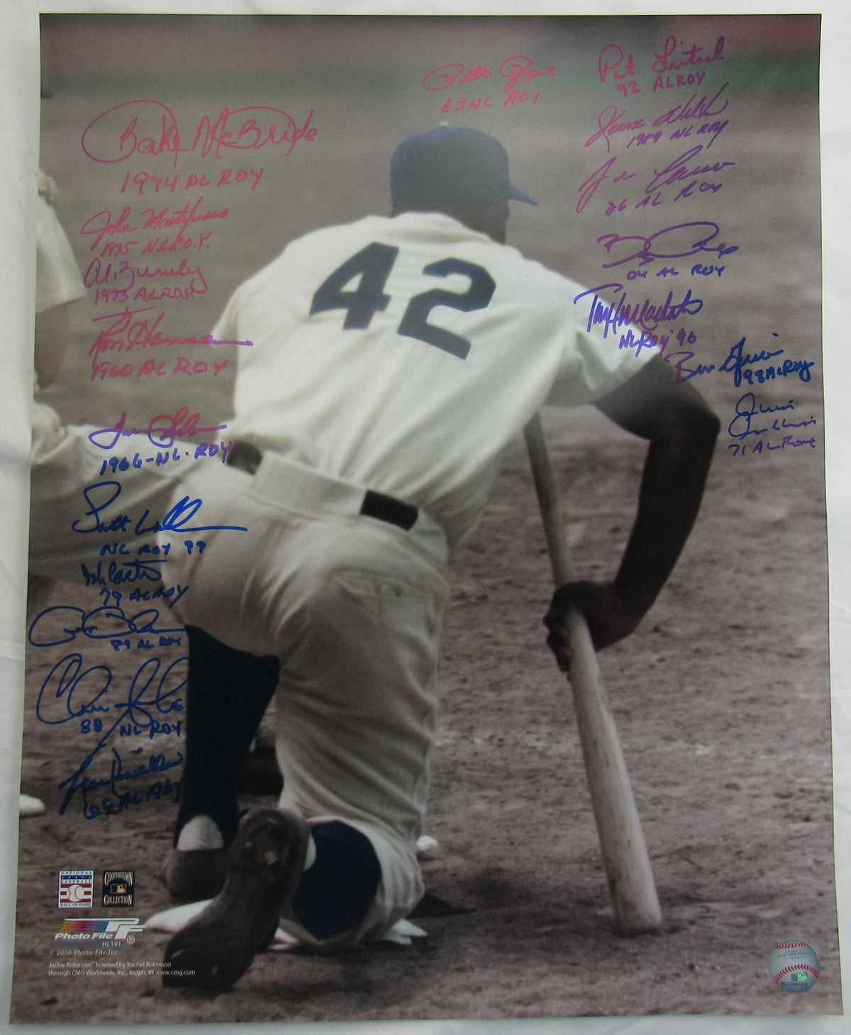 ROY Rookie of the Year Multi Signed Auto 16x20 Jackie Robinson Photo - Pete Rose, Jose Canseco