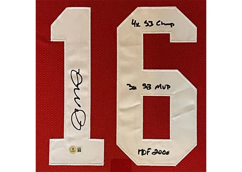 Joe Montana Signed 4x SB Champ - 3x SB MVP - HOF 2000 Inscription San Francisco Framed Jersey 34x42 (Beckett)