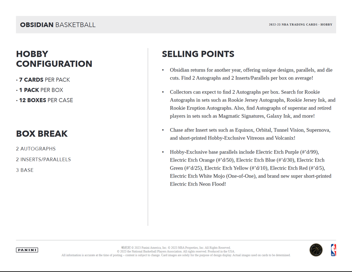 2022-23 Panini Obsidian Basketball Hobby 12 Box Case