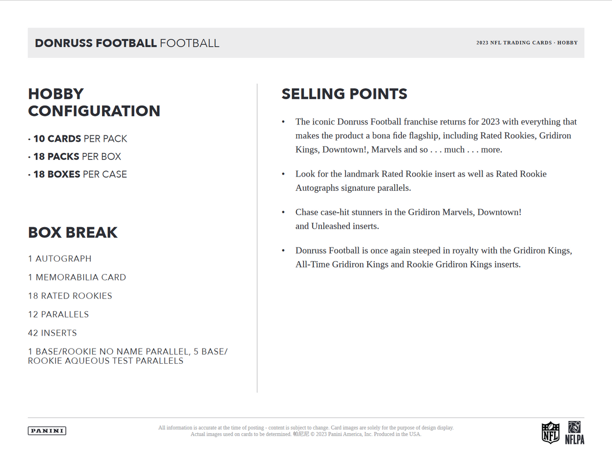 2023 Panini Donruss Football Hobby 18 Box Case
