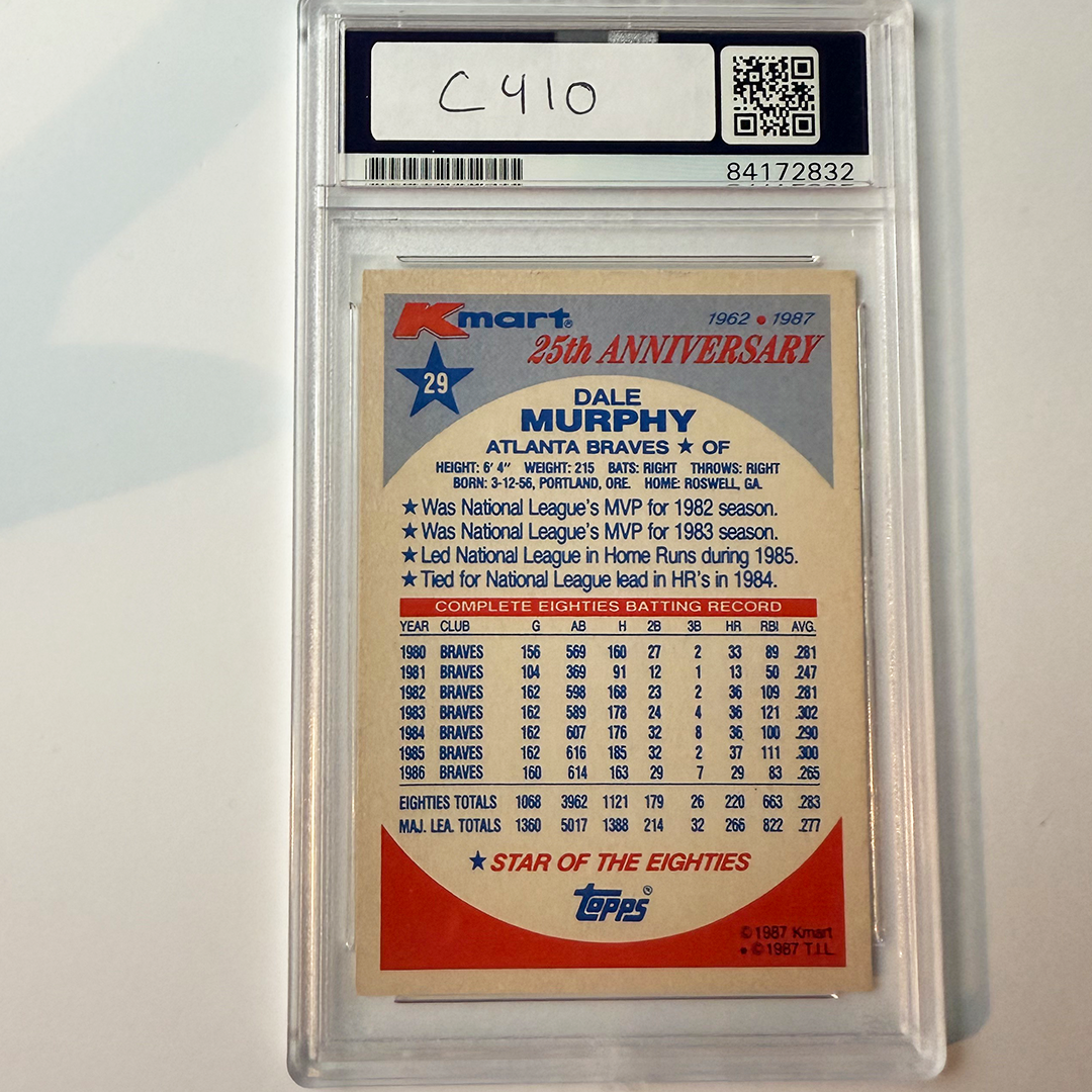 Dale Murphy Sgiend 1987 Topps Kmart #29 2 Inscriptions PSA Auto Authentic