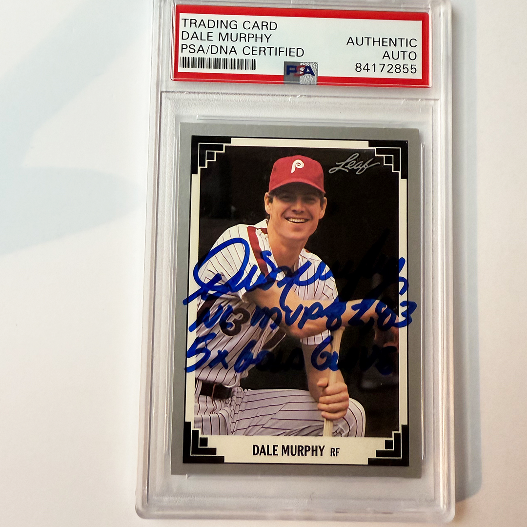 Dale Murphy Signed 1991 Leaf #412 w/2 Inscriptions PSA Auto Authentic