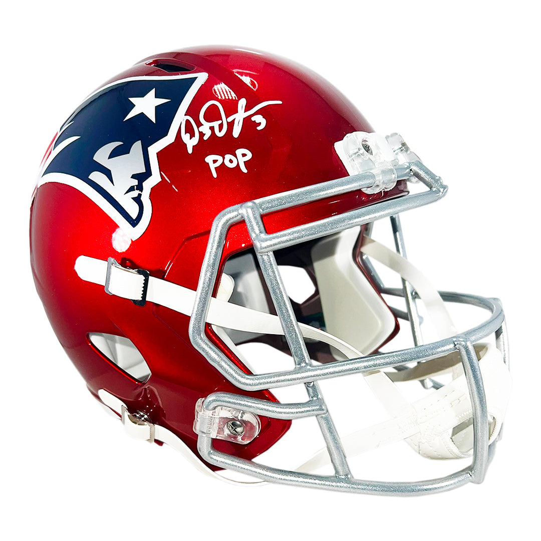 DeMario Douglas Signed Pop Inscription New England Patriots Flash Speed Full-Size Replica Football Helmet (Beckett)