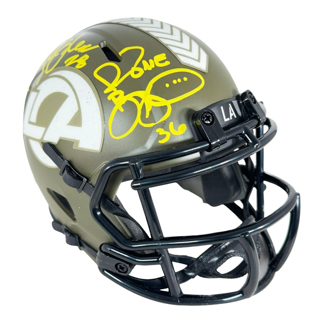 Marshall Faulk, Jerome Bettis & Eric Dickerson Signed Los Angeles Rams Salute to Service Mini Football Helmet (Beckett)