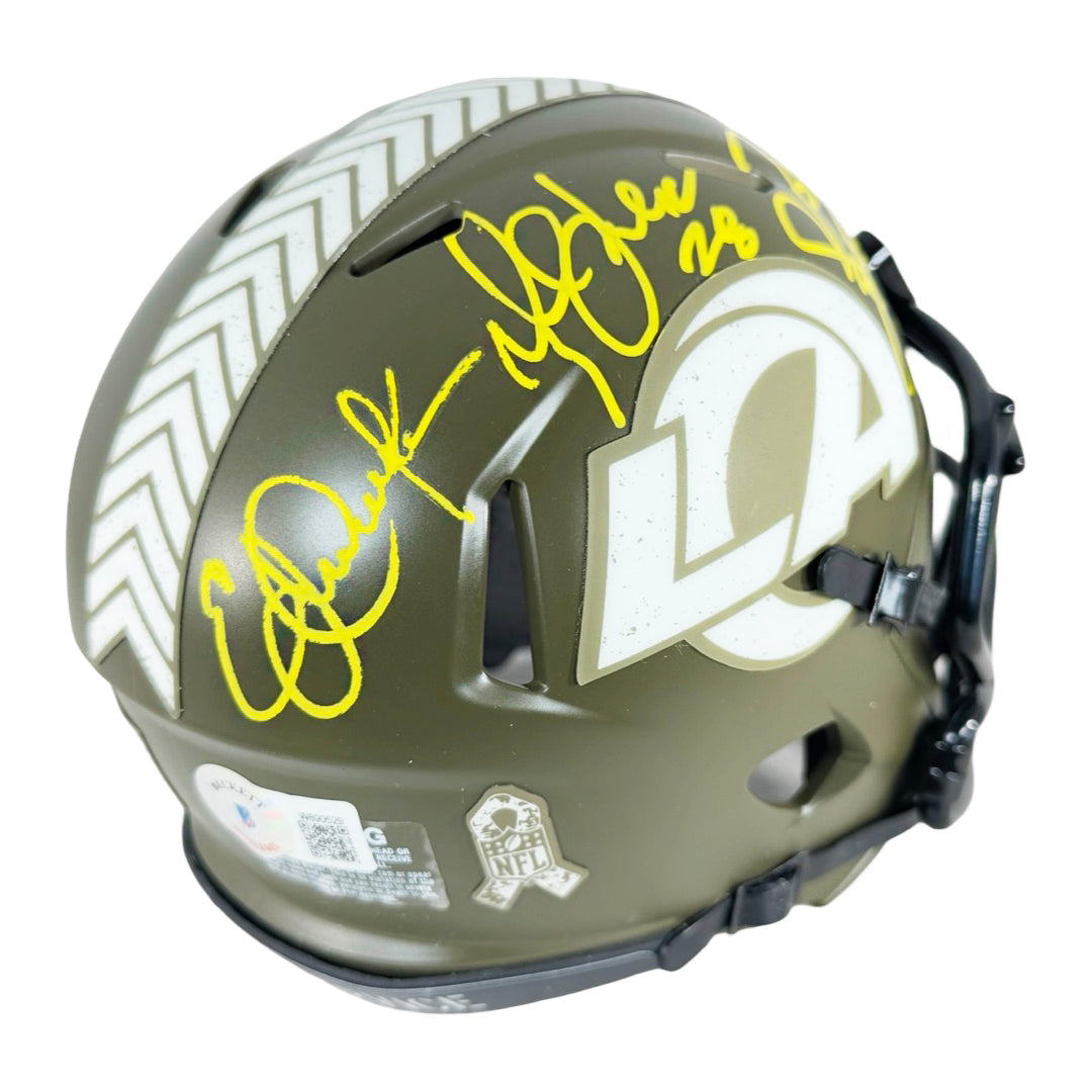 Marshall Faulk, Jerome Bettis & Eric Dickerson Signed Los Angeles Rams Salute to Service Mini Football Helmet (Beckett)