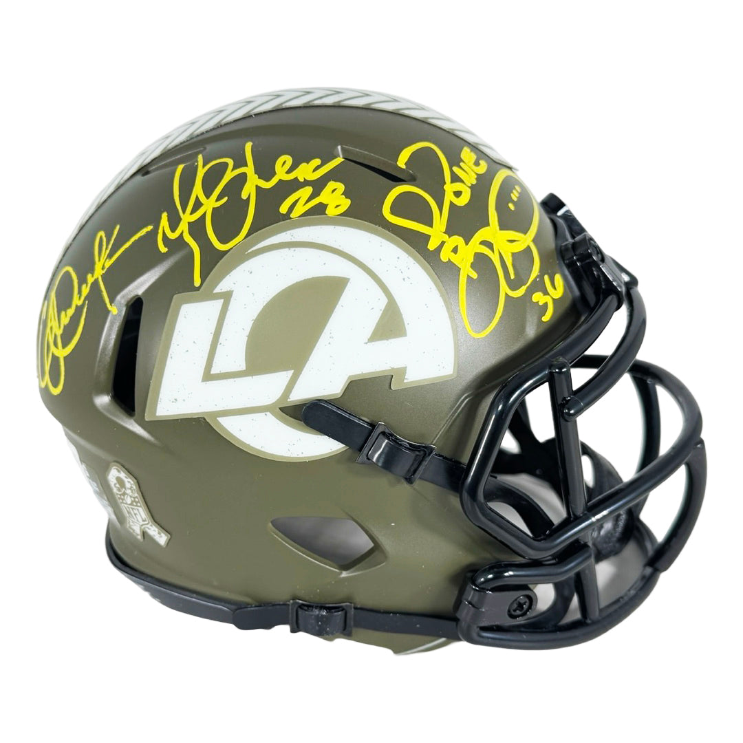 Marshall Faulk, Jerome Bettis & Eric Dickerson Signed Los Angeles Rams Salute to Service Mini Football Helmet (Beckett)