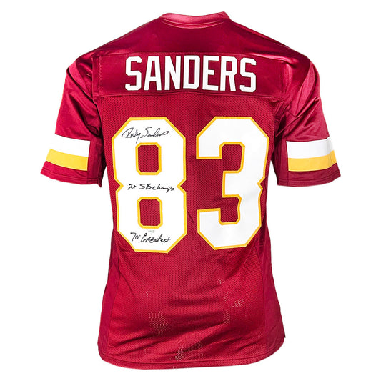 Ricky Sanders Signed 2x SB Champs 70 Greatest Inscription Washington Red Football Jersey (JSA)