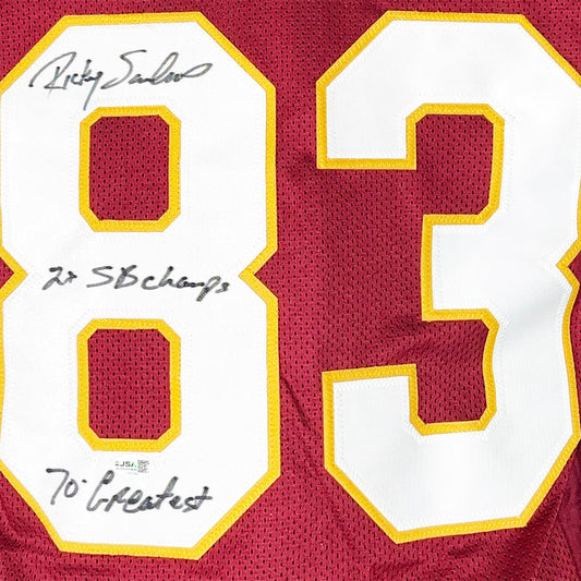 Ricky Sanders Signed 2x SB Champs 70 Greatest Inscription Washington Red Football Jersey (JSA)