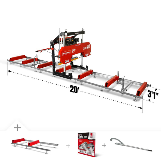 32" Portable Sawmill (5 x Blades Included),  420cc 15HP E-Start Gasoline Engine,  26.5" Board Width,  20' Track Length (13' Track Length + 6.4' Track Extension Included) ,  SM-32