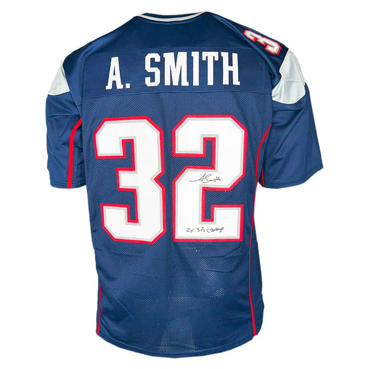 Antowain Smith Signed 2x SB Champ Inscription New England Navy Football Jersey (JSA)