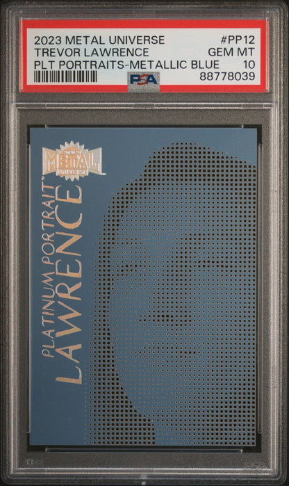 Trevor Lawrence 2023 Skybox Metal Universe Platinum Portraits Metallic Blue PSA 10